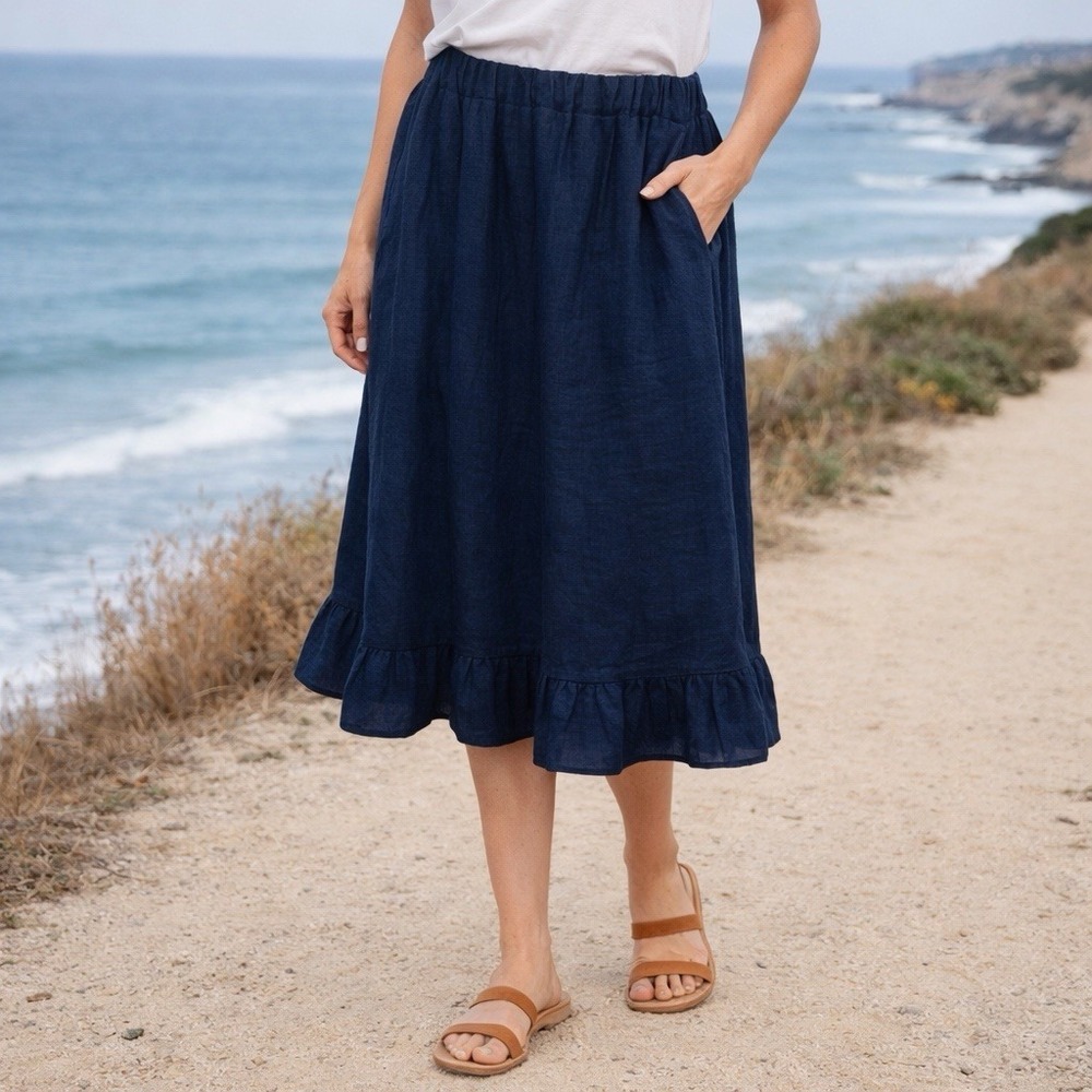 Linen Sea 100% Linen Navy A-Line Ruffle‎ Hem Midi Skirt Coastal Boho Chic M/L
